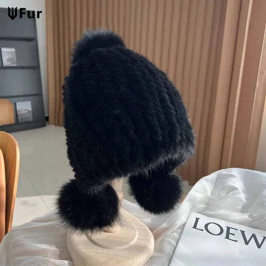 Moda invierno lujo mujer gorros de aviador de punto sólido de piel, gorros de piel de visón para mujer, gorros con orejeras de piel de zorro, gorros con orejeras para mujer