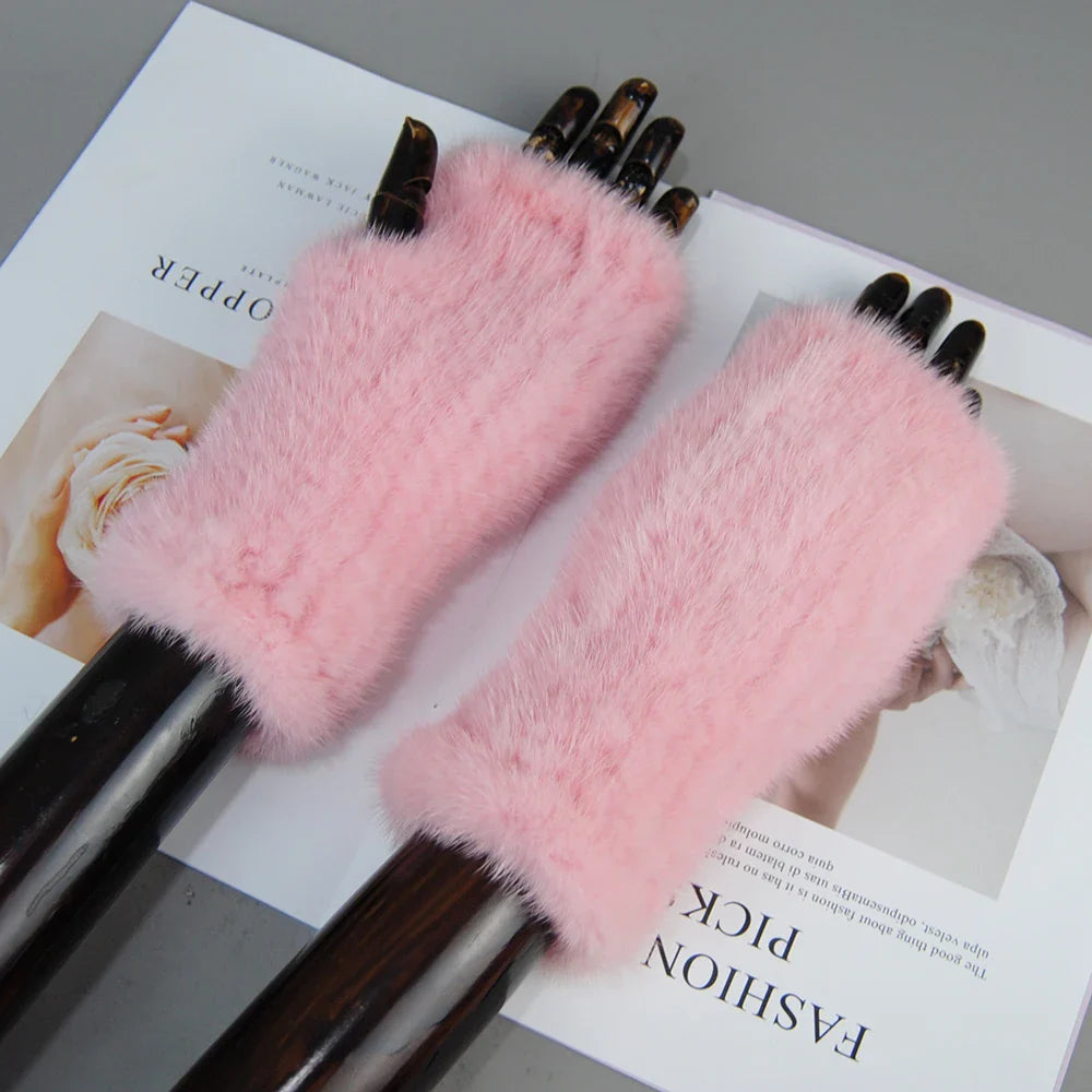 New Style Women Winter  Mink Fur Gloves 100% Natural Warm Mink Fur Fingerless Gloves Girls Knitted Genuine Mink Fur Mittens