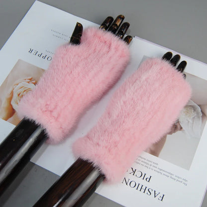 New Style Women Winter  Mink Fur Gloves 100% Natural Warm Mink Fur Fingerless Gloves Girls Knitted Genuine Mink Fur Mittens